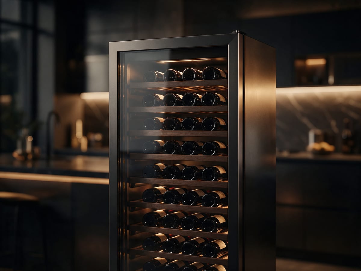 Adega climatizada com garrafas de vinho iluminadas