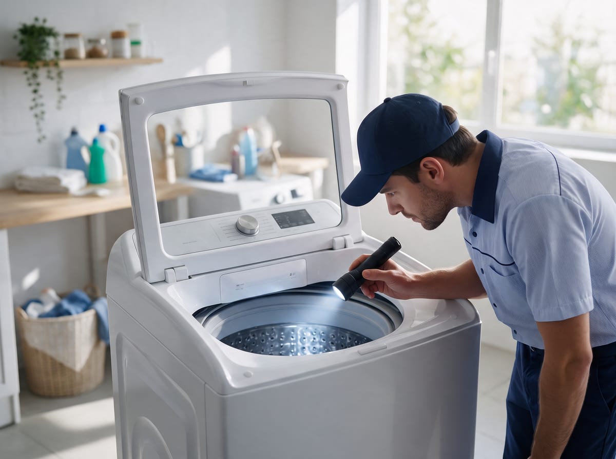 Técnico inspecionando o cesto de uma lavadora de roupas