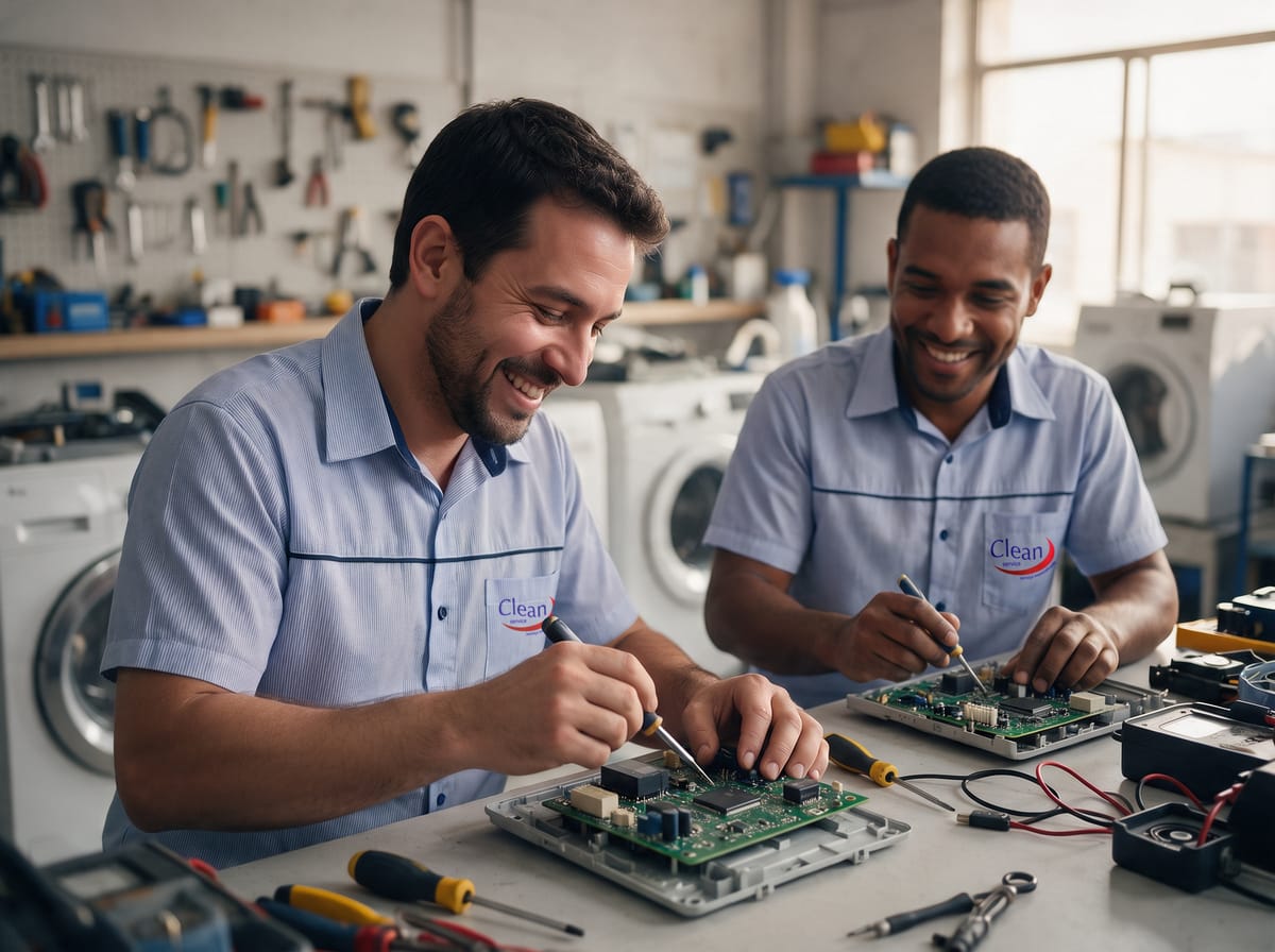Técnicos da Clean Service consertando placas eletrônicas na oficina